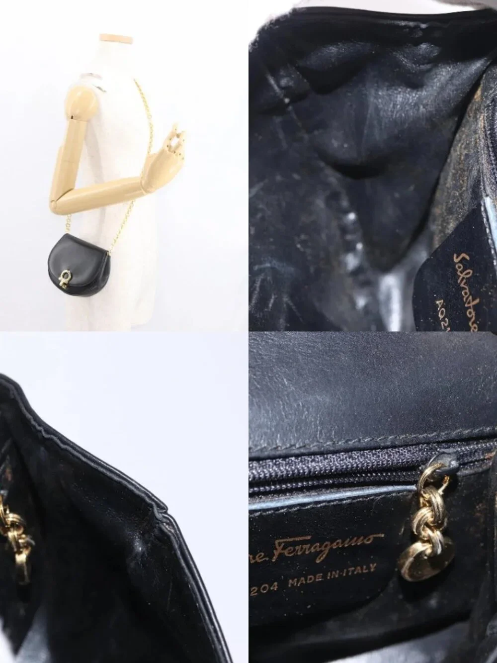 Salvatore Ferragamo Chain Gancini Shoulder Bag Leather Black Gold Auth 161032